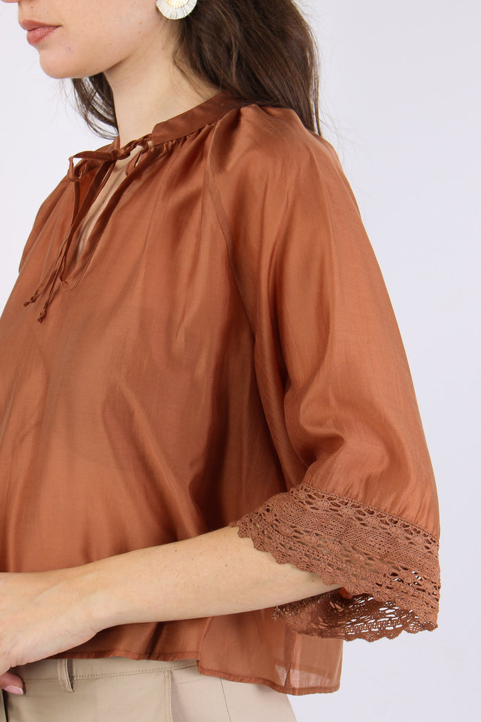 Camicia Mussola Macrame Manica Ruggine-8
