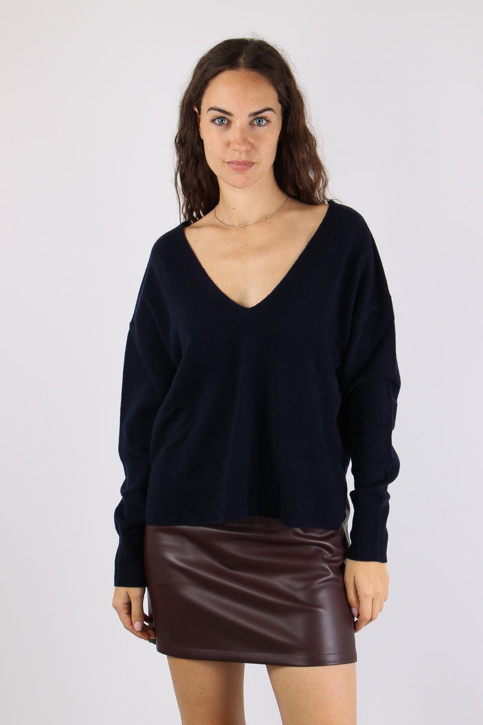 Maglia Scollo V Bottoni Schiena Blu Notte-2