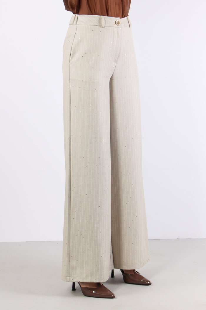 Pantalone Gessato Paillettes Beige-6