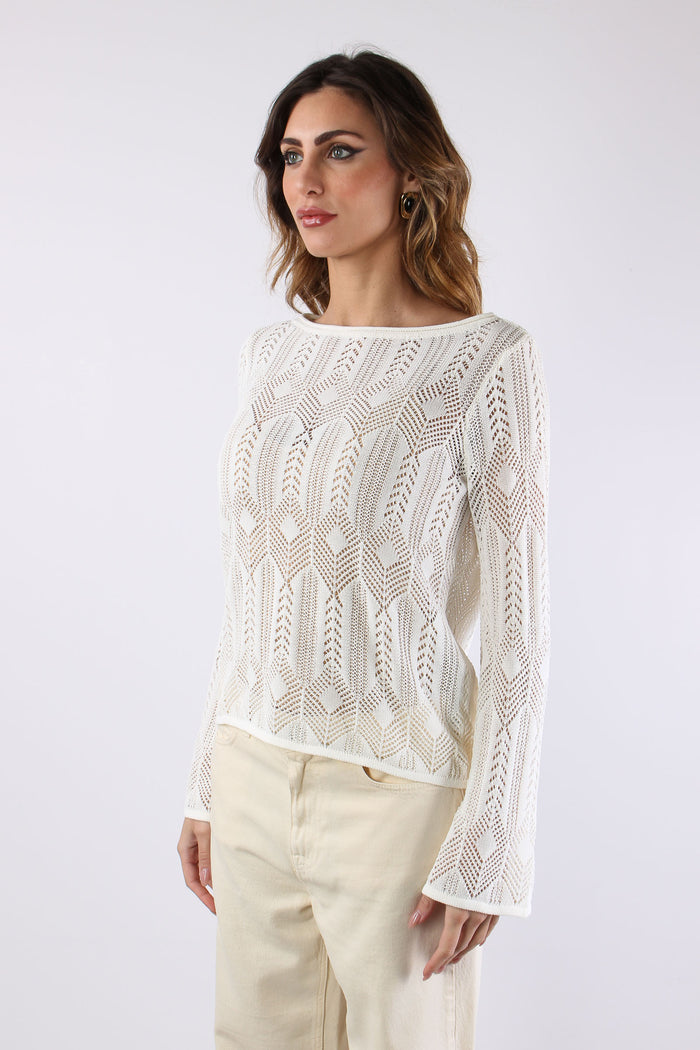 Maglia Macrame Manica Lunga Bianco Lana-5