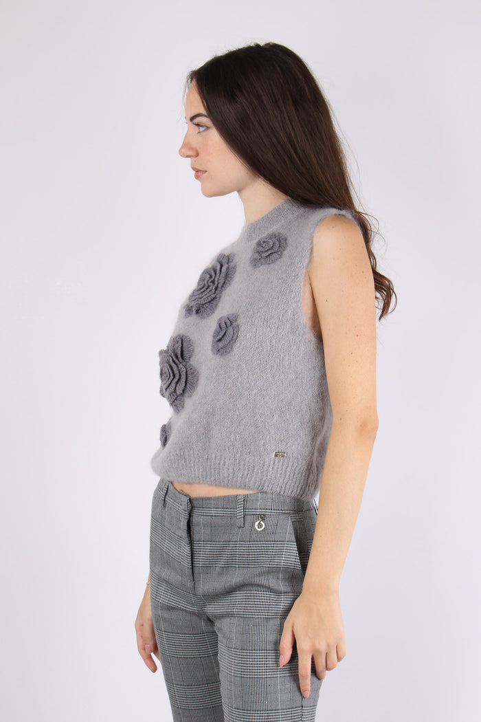 Gilet Maglia Applicazione Rose Ash-7