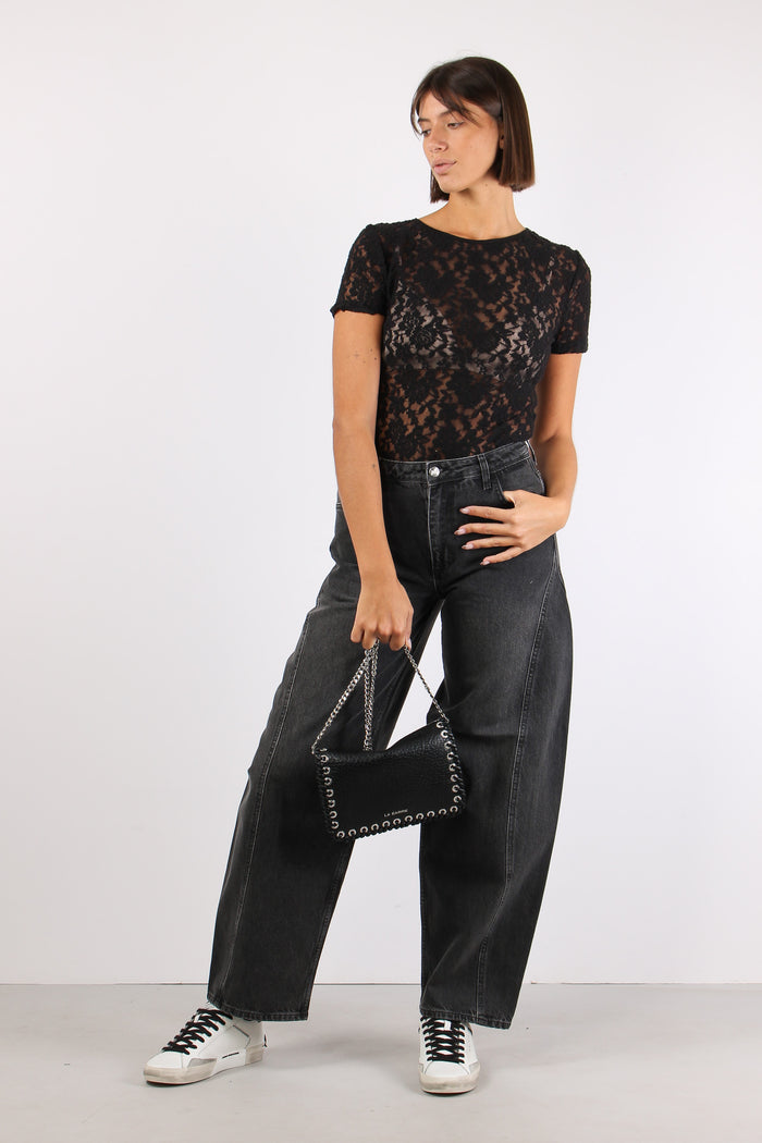 Denim Wide Leg Martingala Dietro Nero Lavato