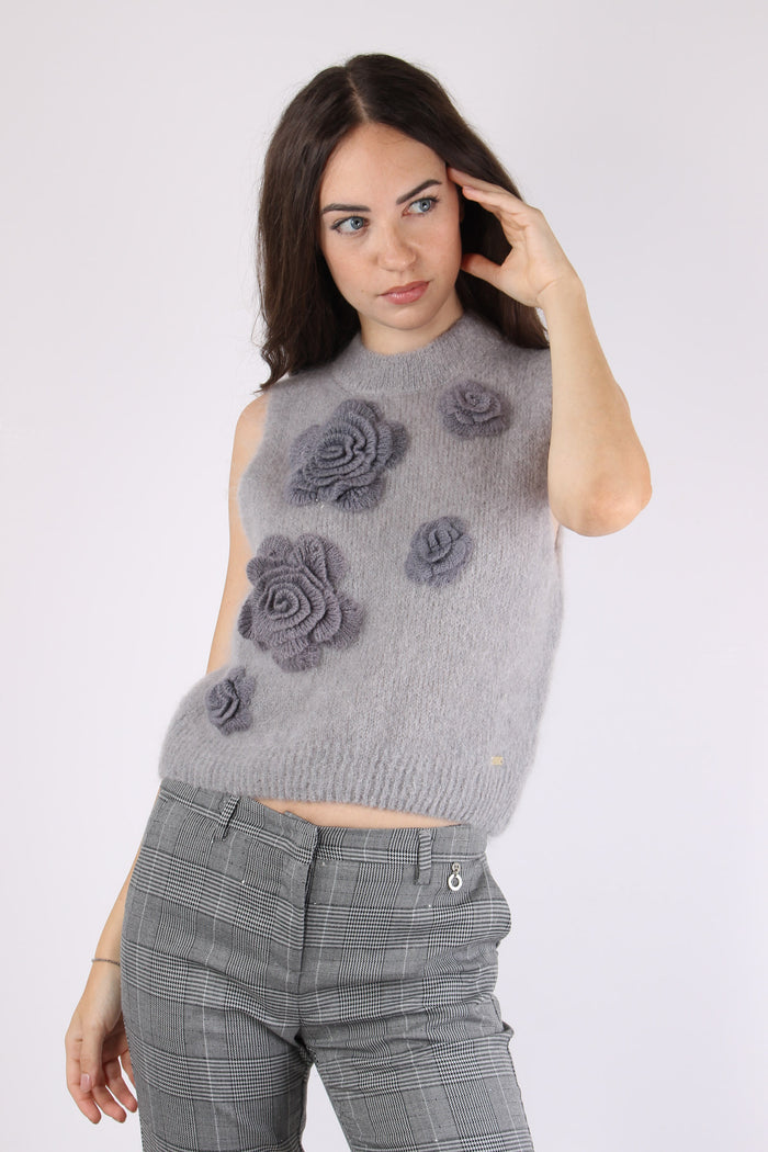 Gilet Maglia Applicazione Rose Ash-2