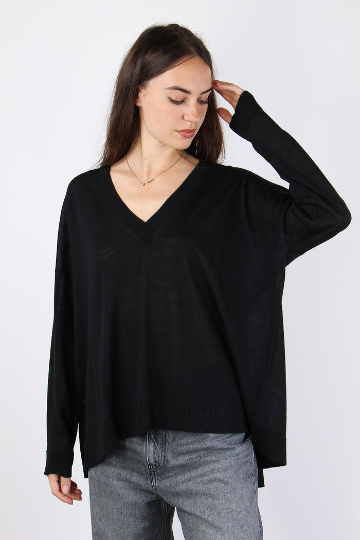 Maglia Misto Lana Scavo V Nero-4