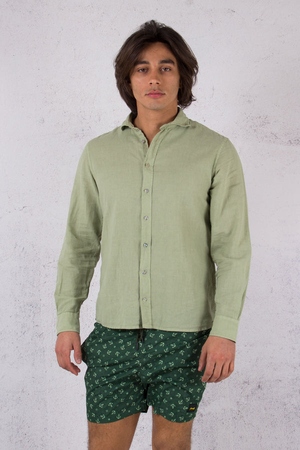 Camicia Lino Collo Francese Verde-2
