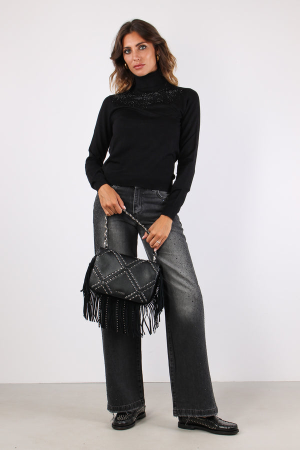 Yusek Maglia Collo Alto Strass Black