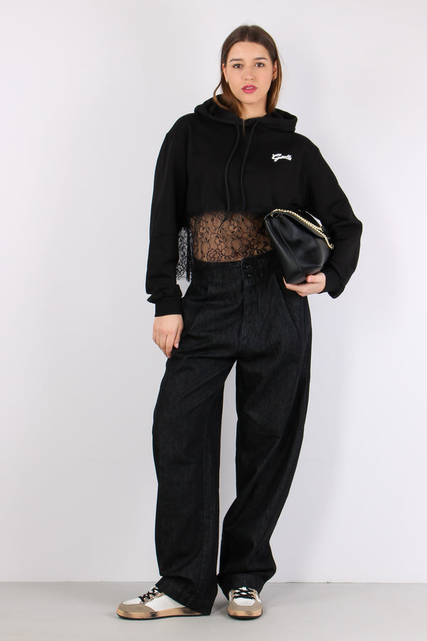Felpa Cropped Fondo Pizzo Nero
