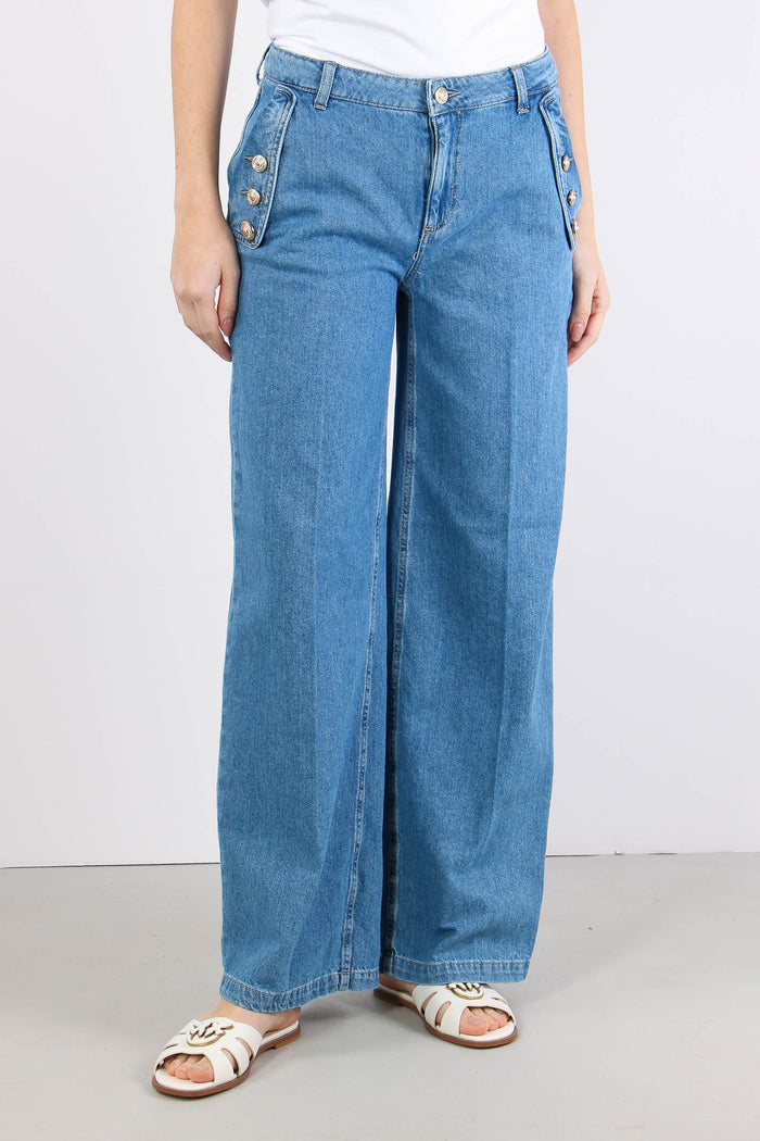 Jeans Flare Bottoni Strass Denim Chiaro-2