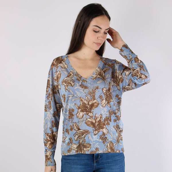 Maglia Lurex Fantasia Foglie Blu Wave-2