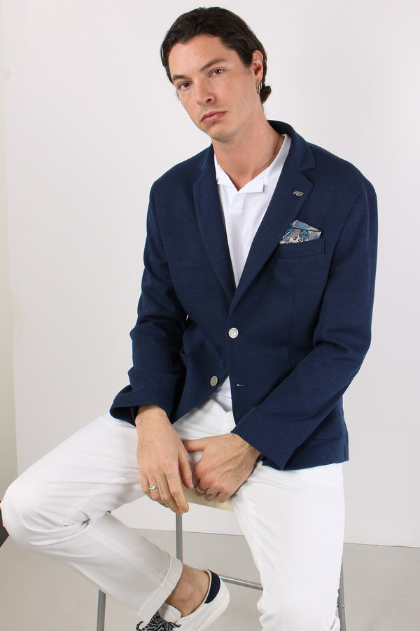 Giacca Punto Maglia Bottoni Oro Blu-2