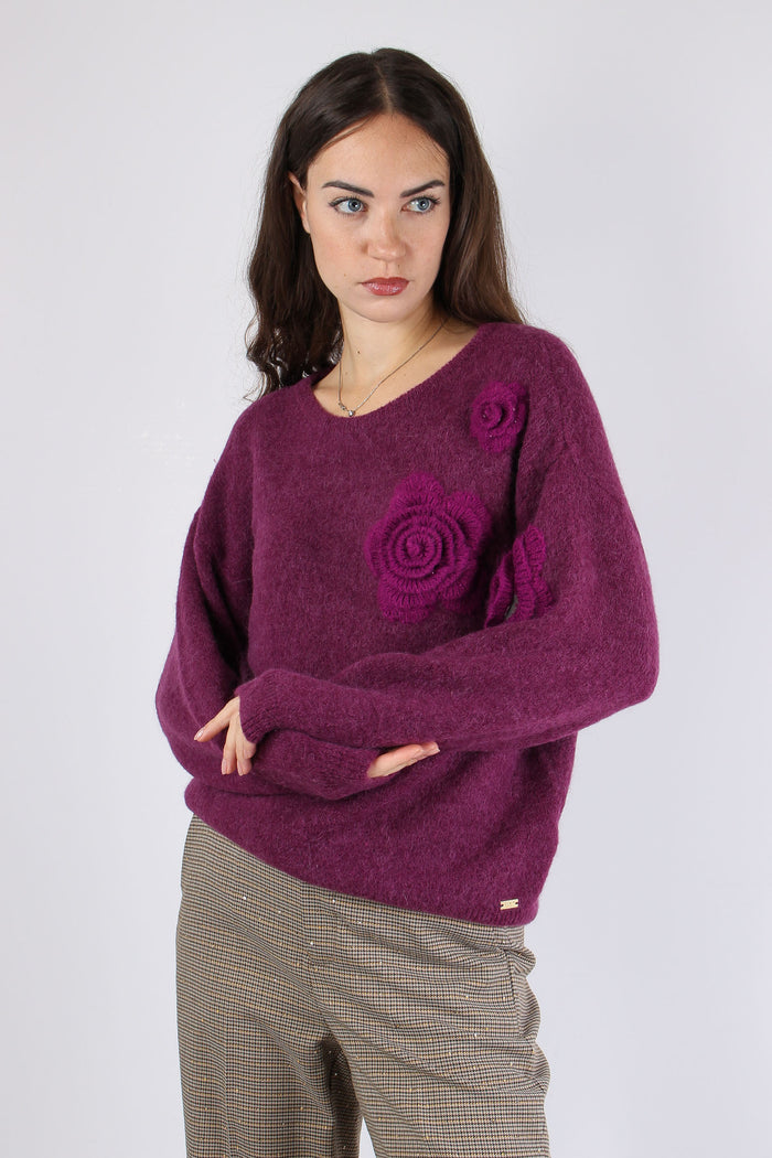 Maglia Over Applicazione Rose Wine-5