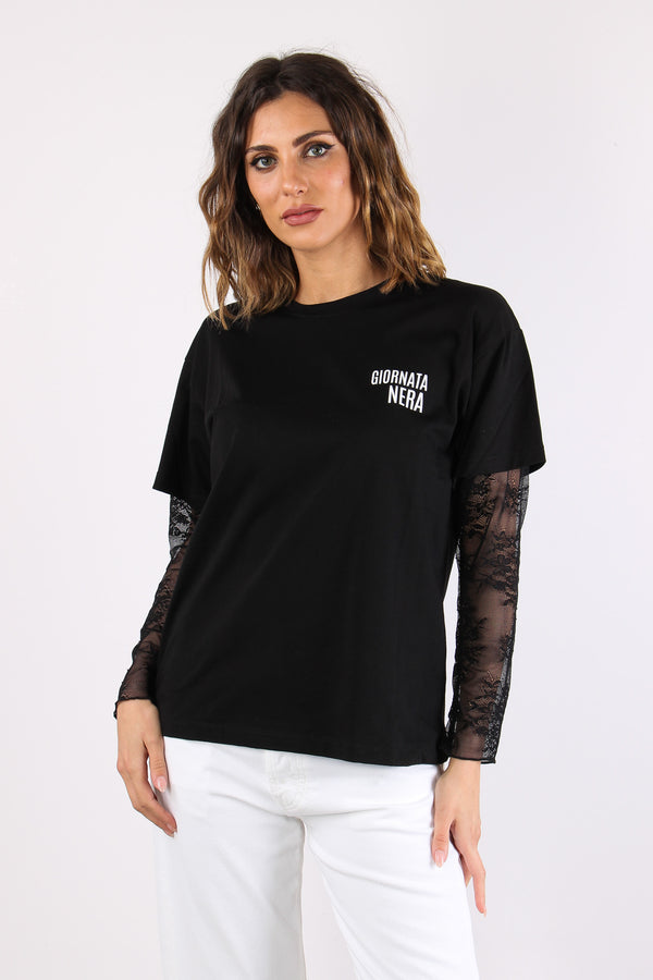 T-shirt Manica Pizzo Stampa Nero-2