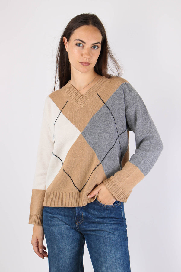 Maglia Scollov Intarsio Cammello-2