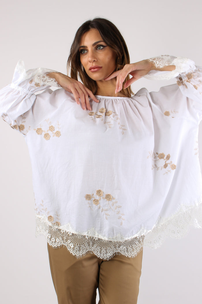Blusa Scollo Barca Ricamo Fior Bianco-4