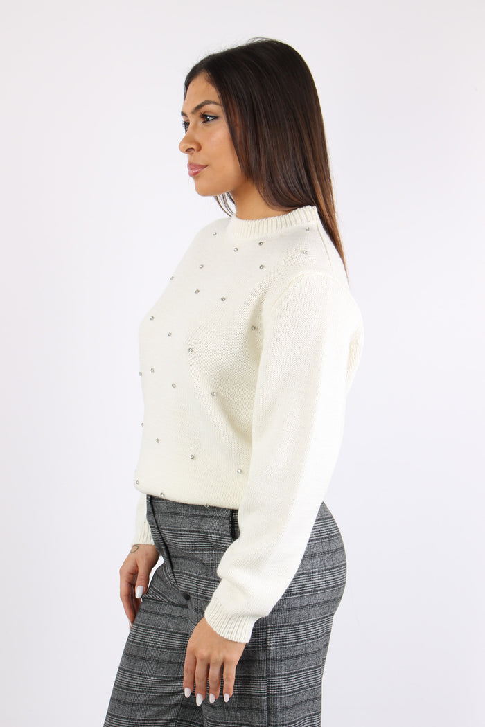 Maglia Inserto Strass Panna-3