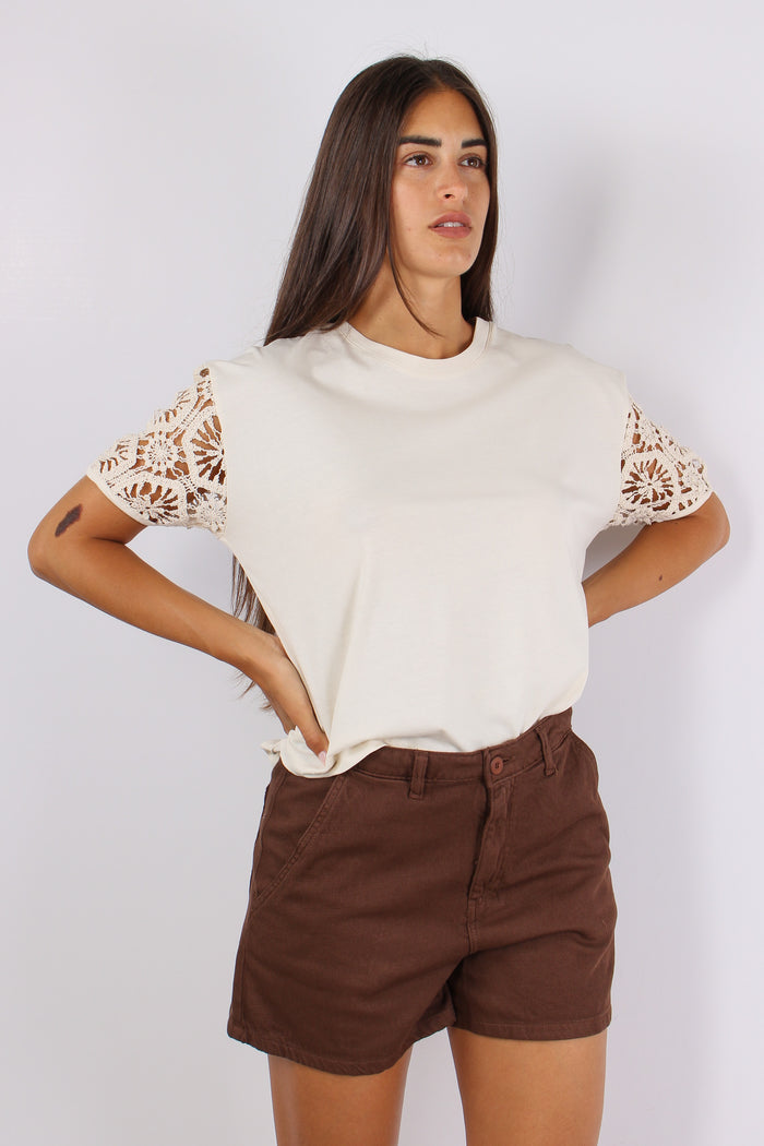 T-shirt Maniche Macrame Ecru-6