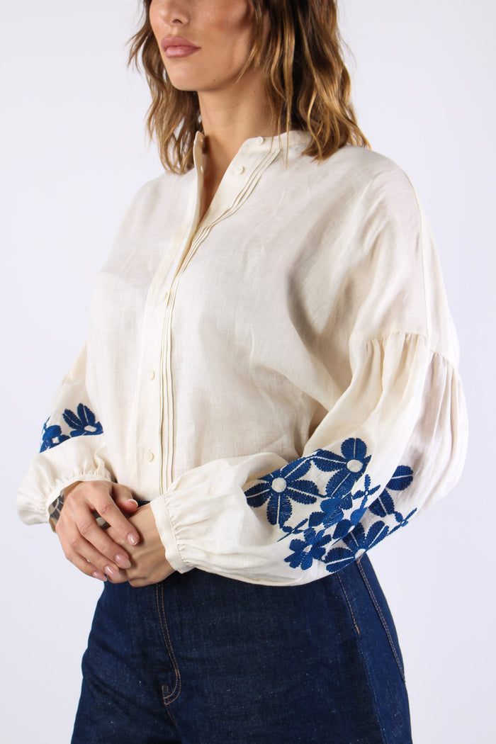 Destro Camicia Lino Ricami Ecru-7