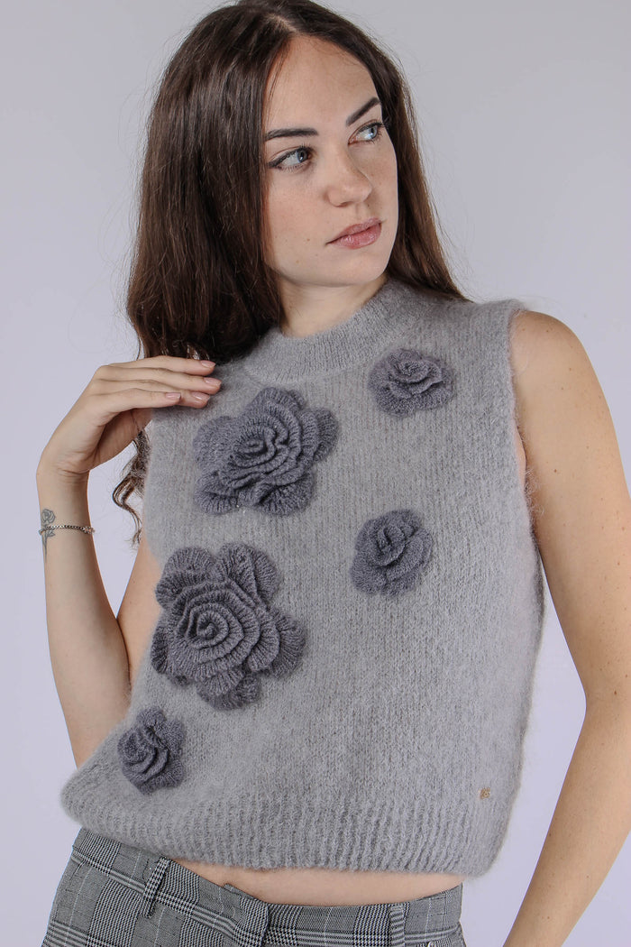 Gilet Maglia Applicazione Rose Ash-3