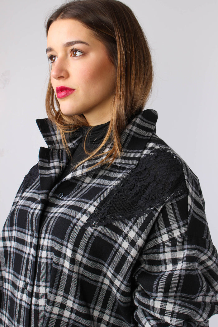 Camicia Quadri Inserto Pizzo Panna/nero-10