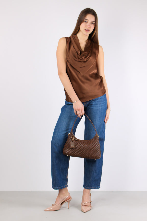 Wolfy Blusa Smanicata Effetto Raso Toffee