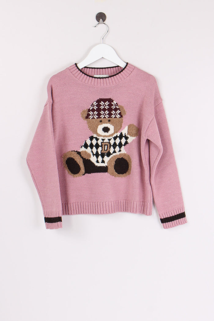 Pullover Ricamo Orsetto Gesso/lilla