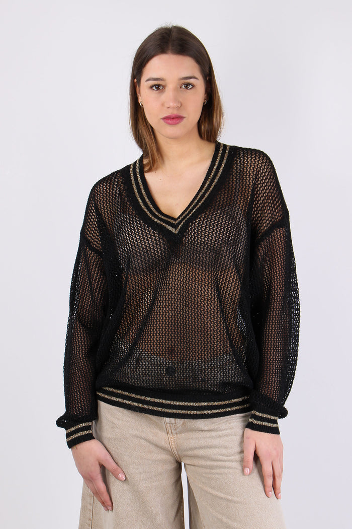 Maglia Scollo V Traforata Nero-4