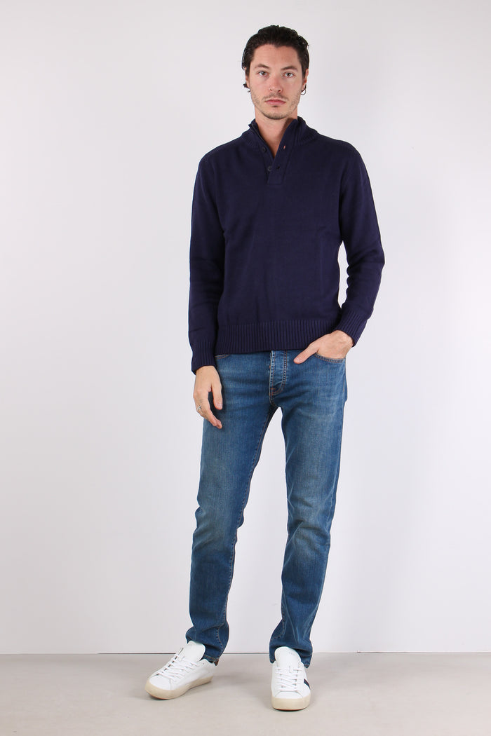 Collo Alto 3 Bottoni Cotone Poseidon Blue-3