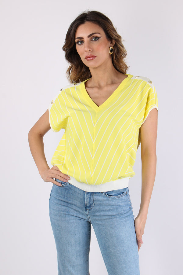 Maglia Scollo V Bottoni Riga Jasmine/white