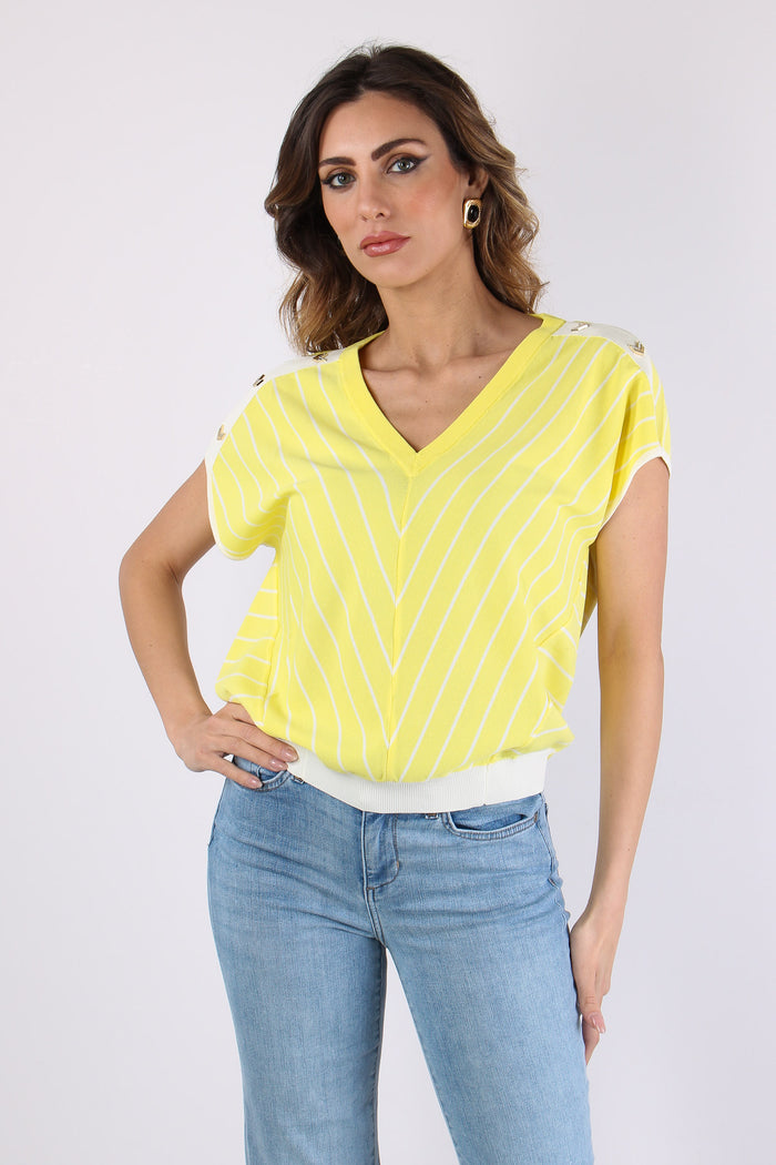 Maglia Scollo V Bottoni Riga Jasmine/white