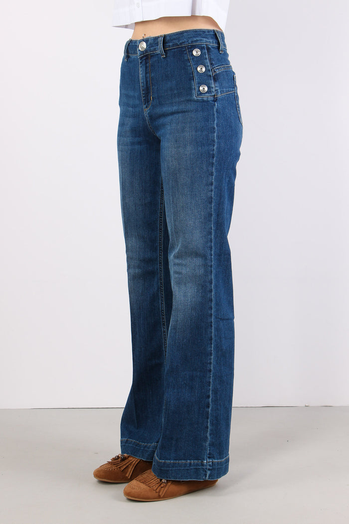 Jeans Flare Bottoni Argento Denim Scuro-3