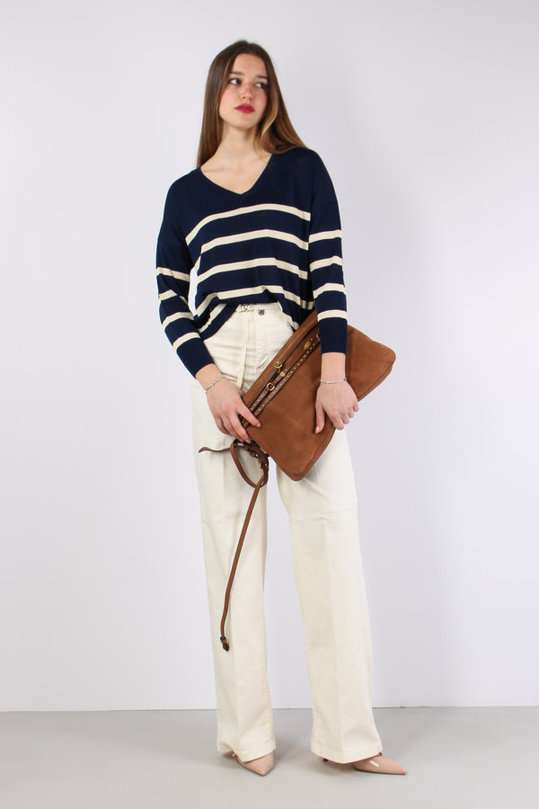 Maglia Scollo V Righe Blu/panna