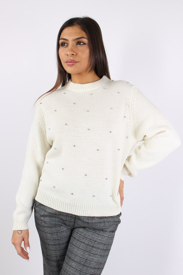 Maglia Inserto Strass Panna-2