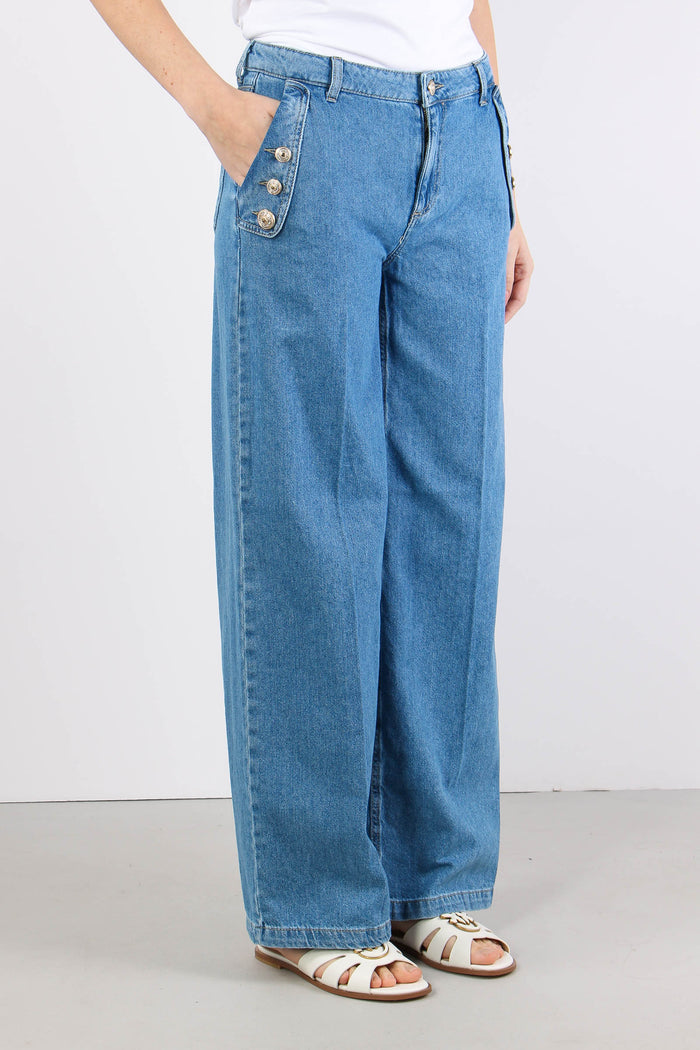 Jeans Flare Bottoni Strass Denim Chiaro-3