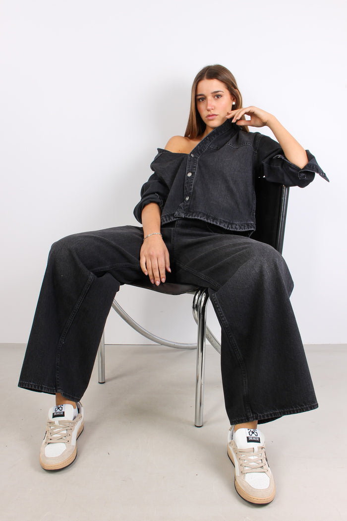 Denim Baggy Wide Bottoni Later Denim Scuro