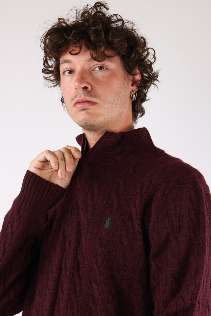 Maglia Mezza Zip Trecce Lana Wine Heather-6