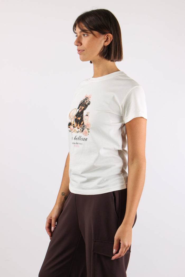 T-shirt Stampa Bassotto Strass Bianco-4