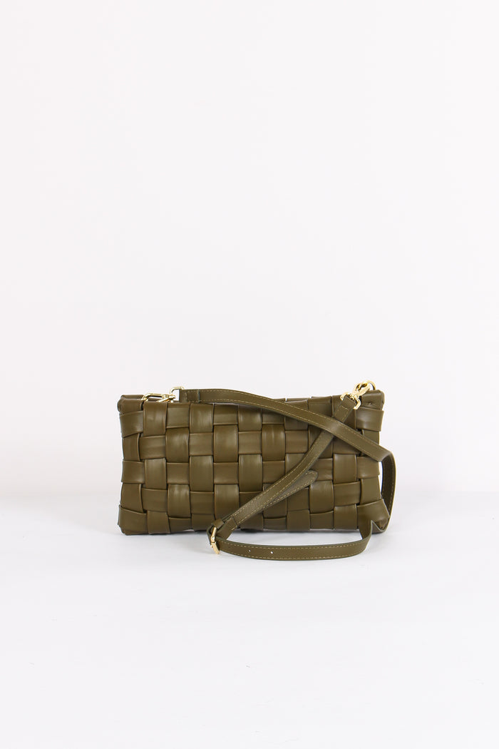 Pochette Intreccio Vera Pelle Verde Militare-3