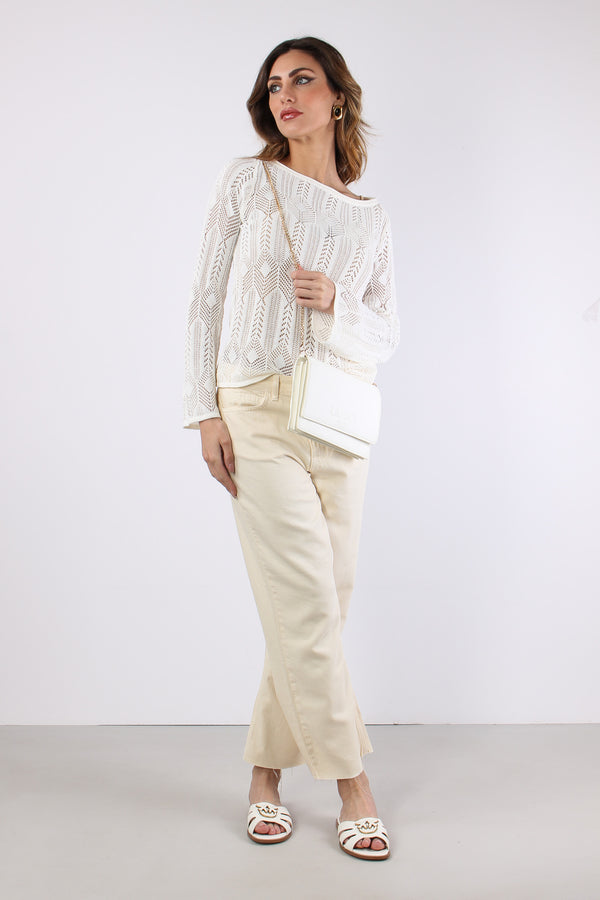 Maglia Macrame Manica Lunga Bianco Lana-2