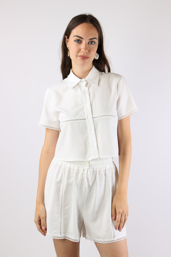 Camicia Corta Inserto Macrame Bianco