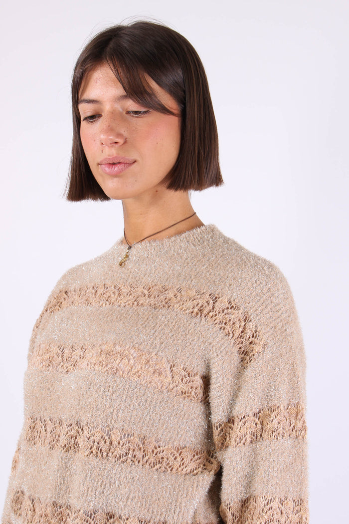 Maglia Riga Lurex Inserto Pizzo Crema-7