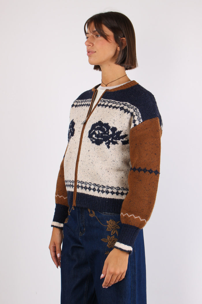 Cardigan Zip Jacquard Cammello/blu-3