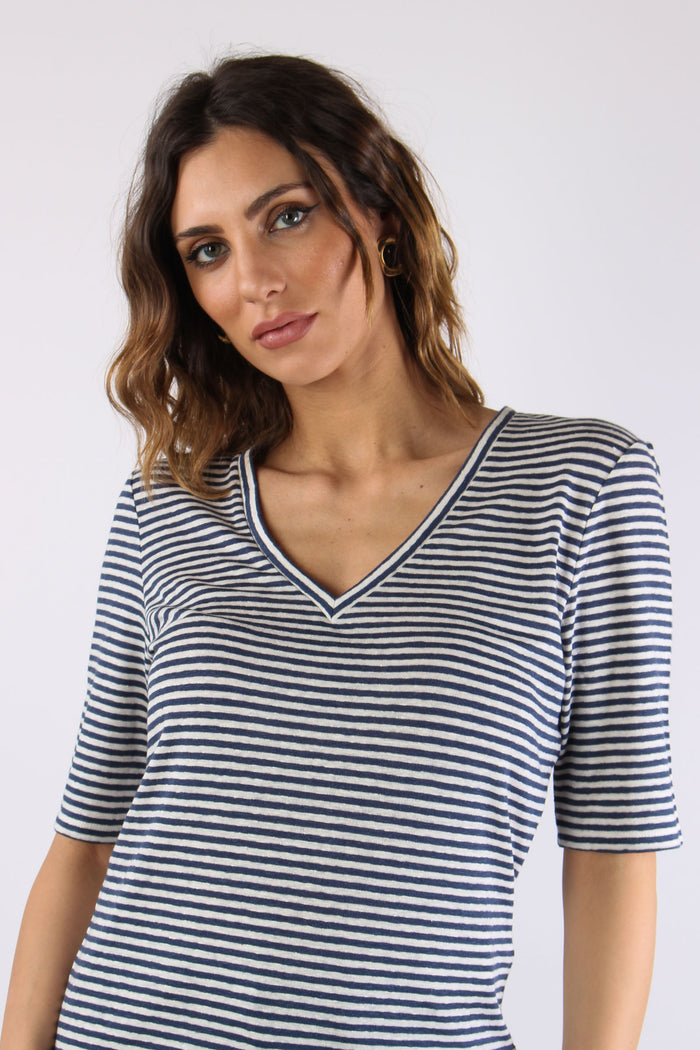Opzione T-shirt Scavo V Riga Ecru/blu-7