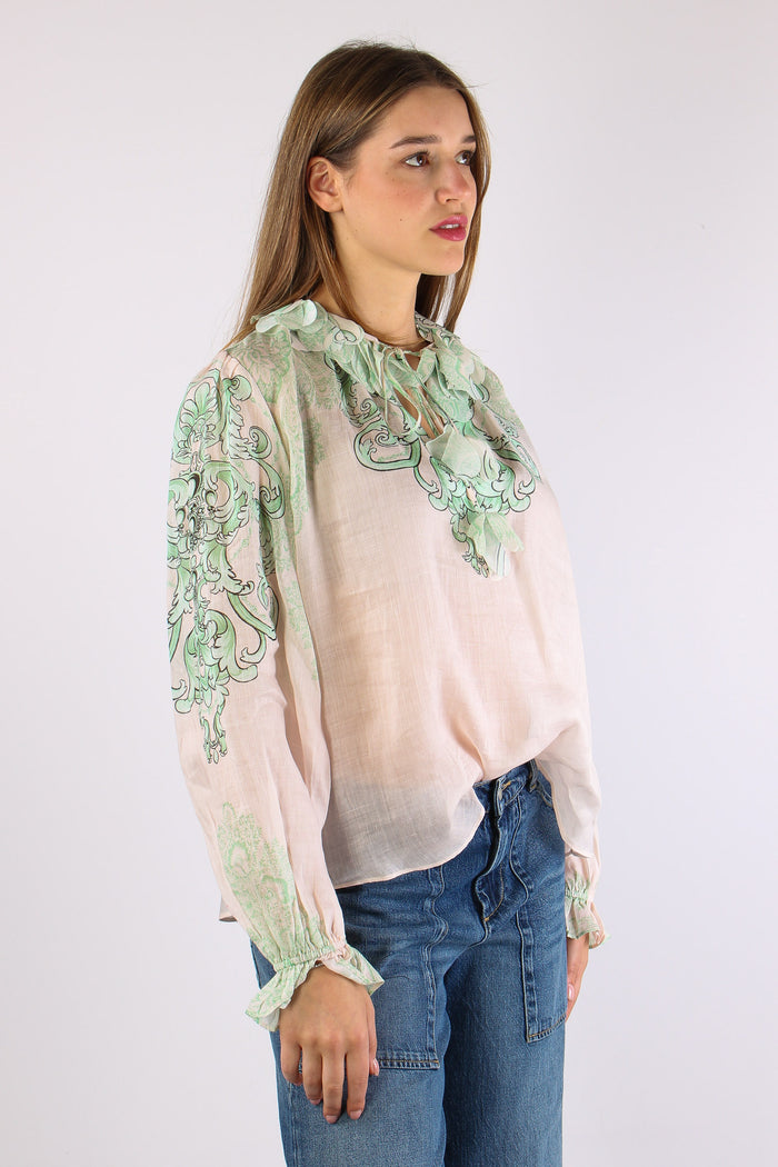 Camicia Lino Fantasia Inserto Nappine Crema/verde-10