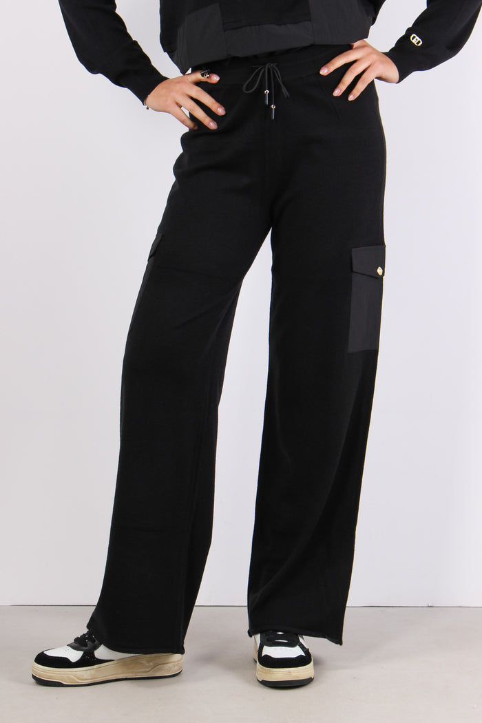 Pantalone Maglia Tasche Nylon Nero-2
