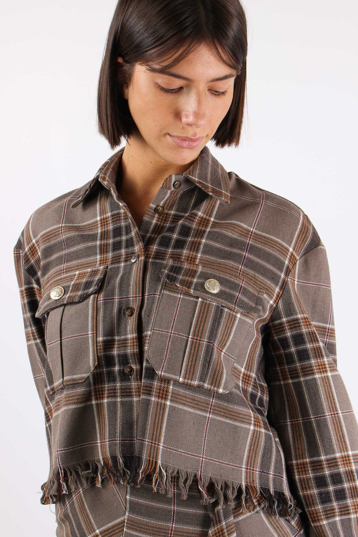 Camicia Corta Check Sfrangiata Tortora-7