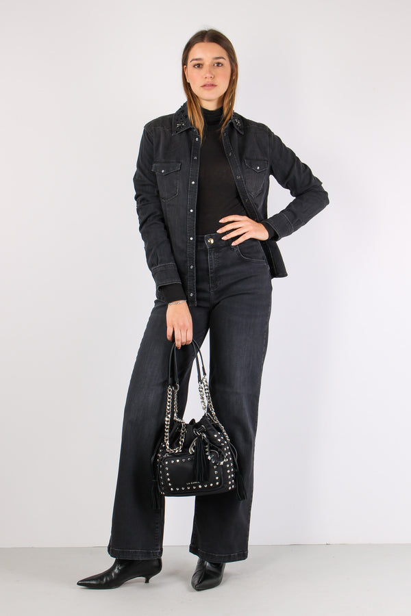 Camicia Denim Colletto Applica Denim Grigio