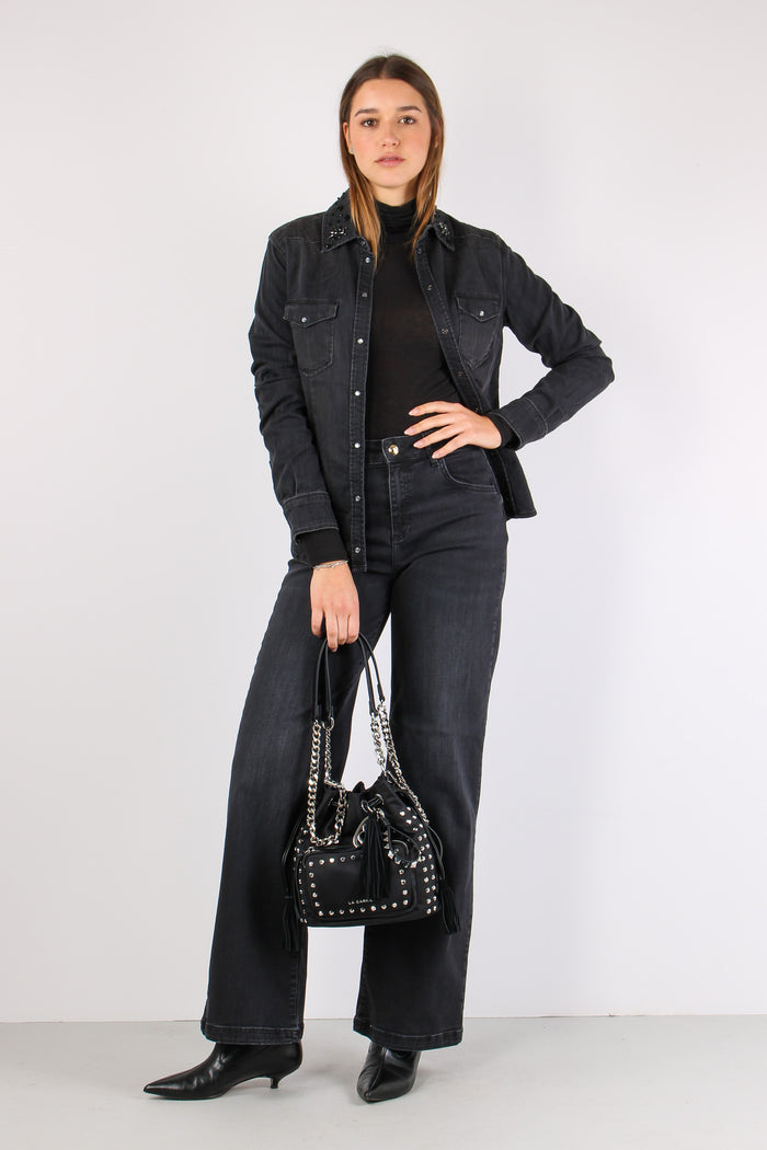 Camicia Denim Colletto Applica Denim Grigio