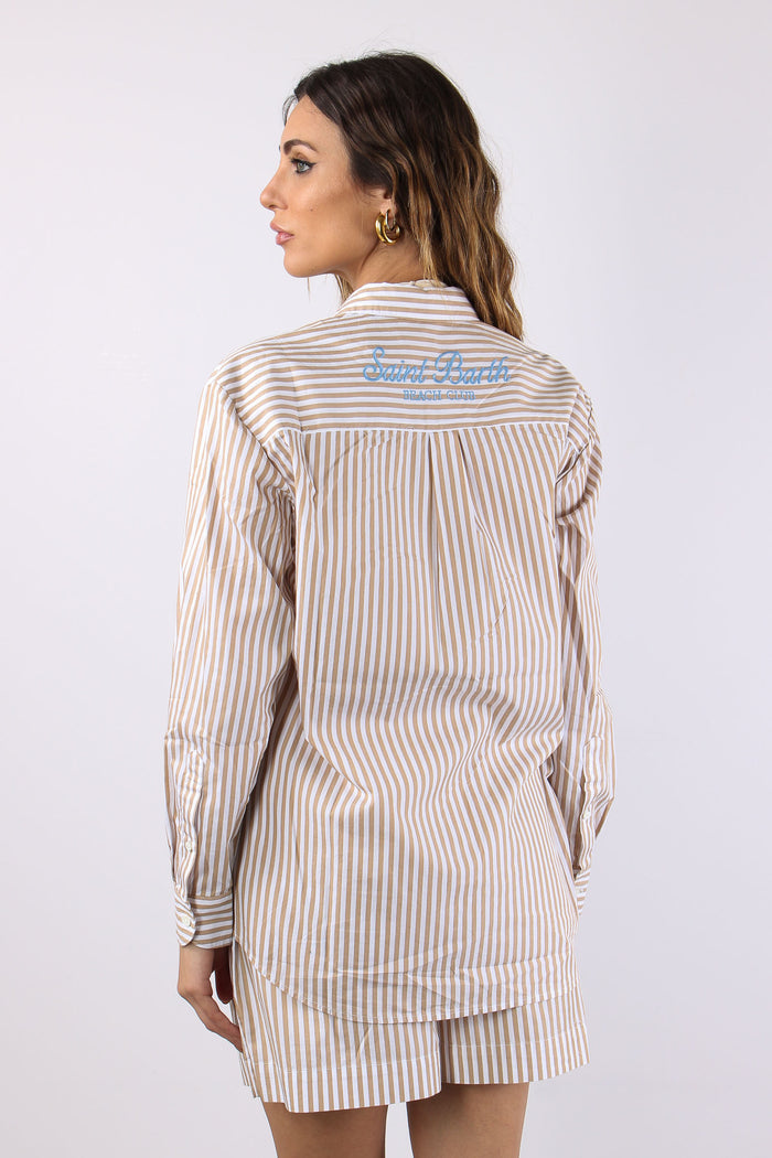 Camicia Cotone Riga Ricamo Schiena Bianco/beige-4