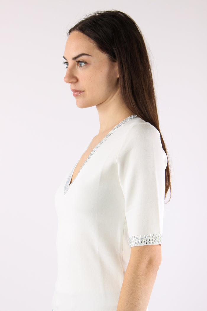 Maglia Scollo V Strass Bianco Lana-6