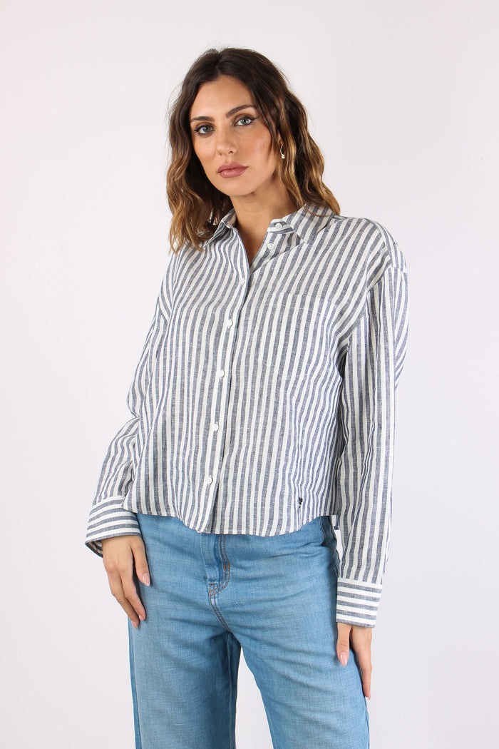 Albatro Camicia Lino Riga Tasca Bianco/blu-2